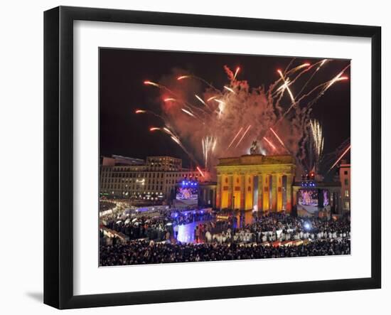 Fireworks at the Brandenburg Gate in Berlin, Germany Commemorating the Fall of the Berlin Wall-null-Framed Photographic Print