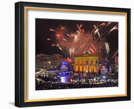 Fireworks at the Brandenburg Gate in Berlin, Germany Commemorating the Fall of the Berlin Wall-null-Framed Photographic Print