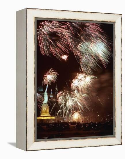Fireworks Burst Around the Statue of Liberty-null-Framed Premier Image Canvas