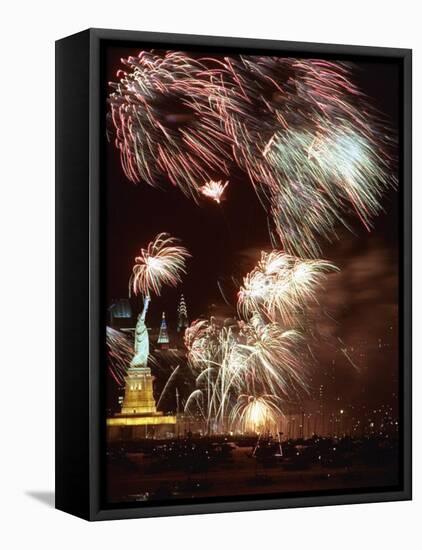 Fireworks Burst Around the Statue of Liberty-null-Framed Premier Image Canvas