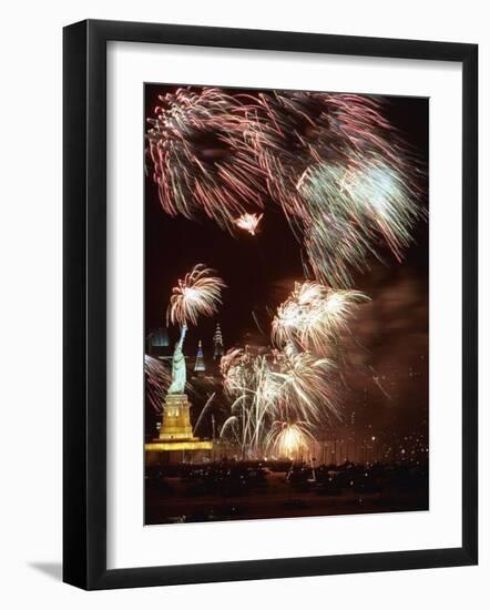 Fireworks Burst Around the Statue of Liberty-null-Framed Photographic Print