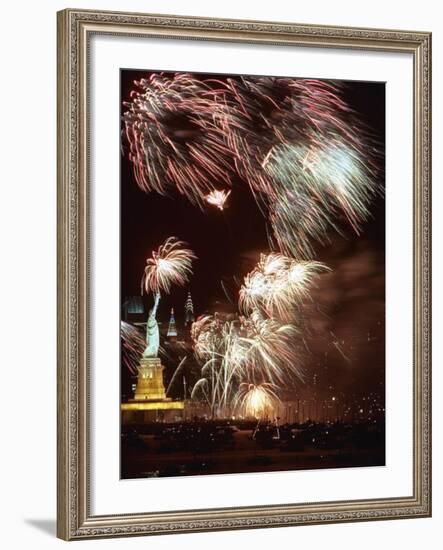 Fireworks Burst Around the Statue of Liberty-null-Framed Photographic Print