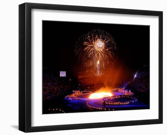 Fireworks Erupt During the Opening Ceremonies of the 2002 Winter Olympics in Salt Lake City-null-Framed Photographic Print