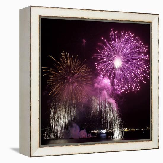 Fireworks Explode over the Olympic Rings During the Opening Ceremony of the Vancouver 2010 Olympics-null-Framed Premier Image Canvas