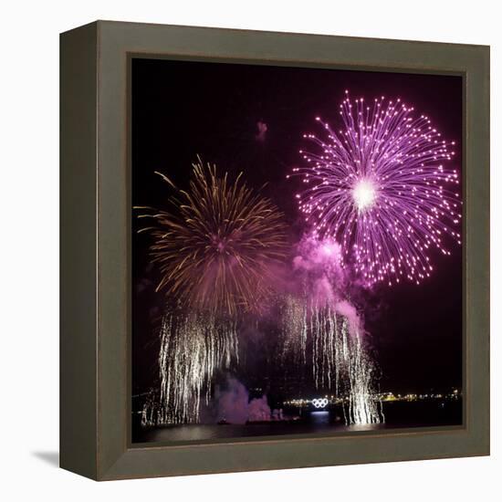 Fireworks Explode over the Olympic Rings During the Opening Ceremony of the Vancouver 2010 Olympics-null-Framed Premier Image Canvas