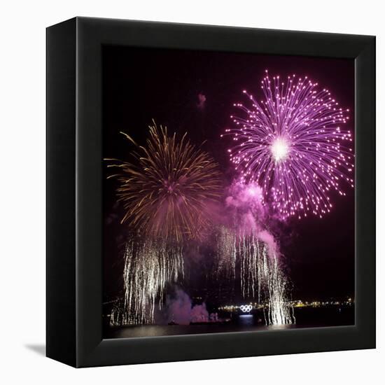 Fireworks Explode over the Olympic Rings During the Opening Ceremony of the Vancouver 2010 Olympics-null-Framed Premier Image Canvas