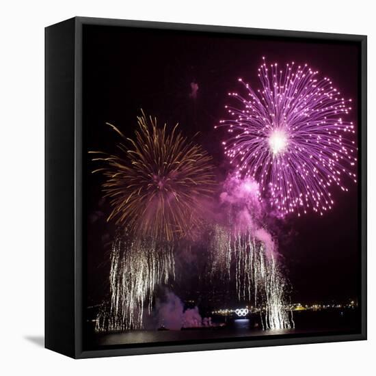 Fireworks Explode over the Olympic Rings During the Opening Ceremony of the Vancouver 2010 Olympics-null-Framed Premier Image Canvas