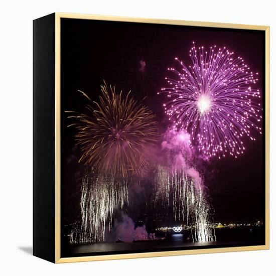 Fireworks Explode over the Olympic Rings During the Opening Ceremony of the Vancouver 2010 Olympics-null-Framed Premier Image Canvas