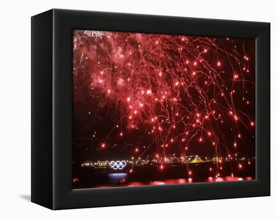 Fireworks Explode over the Olympic Rings During the Opening Ceremony of the Vancouver 2010 Olympics-null-Framed Premier Image Canvas