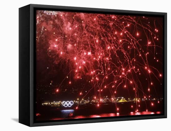 Fireworks Explode over the Olympic Rings During the Opening Ceremony of the Vancouver 2010 Olympics-null-Framed Premier Image Canvas