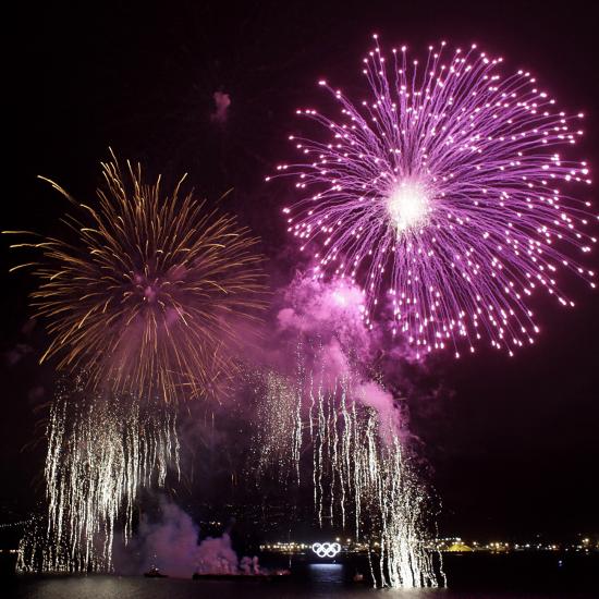 Fireworks Explode over the Olympic Rings During the Opening Ceremony of ...