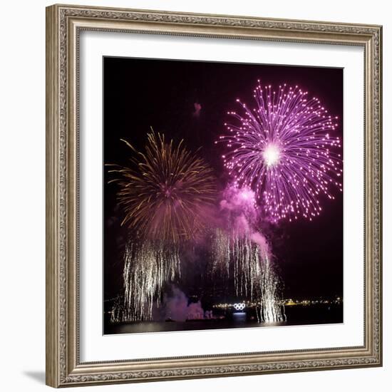 Fireworks Explode over the Olympic Rings During the Opening Ceremony of the Vancouver 2010 Olympics-null-Framed Photographic Print