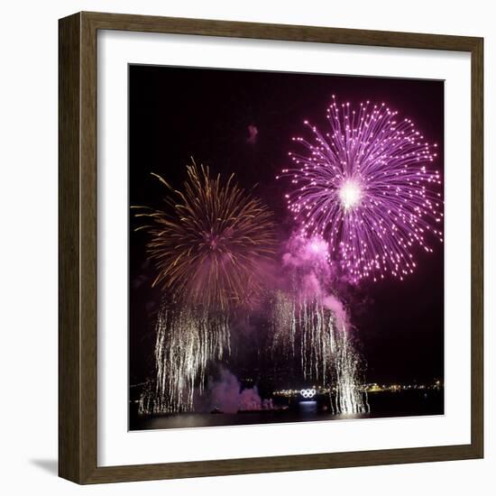 Fireworks Explode over the Olympic Rings During the Opening Ceremony of the Vancouver 2010 Olympics-null-Framed Photographic Print