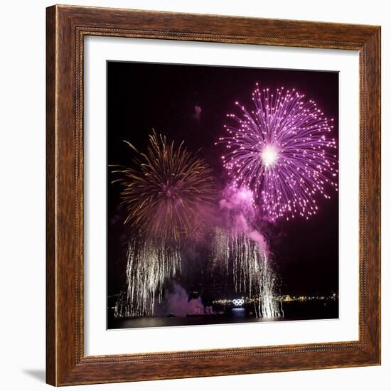 Fireworks Explode over the Olympic Rings During the Opening Ceremony of the Vancouver 2010 Olympics-null-Framed Photographic Print