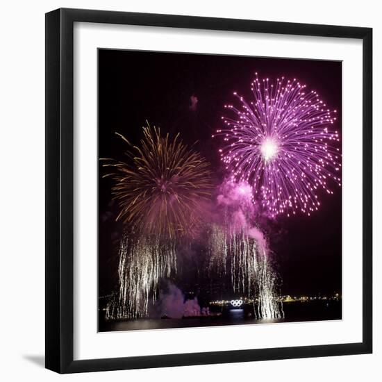 Fireworks Explode over the Olympic Rings During the Opening Ceremony of the Vancouver 2010 Olympics-null-Framed Photographic Print