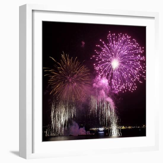 Fireworks Explode over the Olympic Rings During the Opening Ceremony of the Vancouver 2010 Olympics-null-Framed Photographic Print