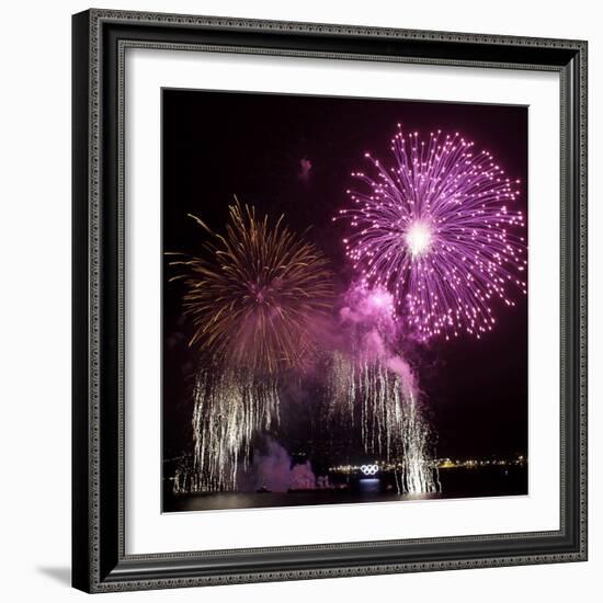 Fireworks Explode over the Olympic Rings During the Opening Ceremony of the Vancouver 2010 Olympics-null-Framed Photographic Print