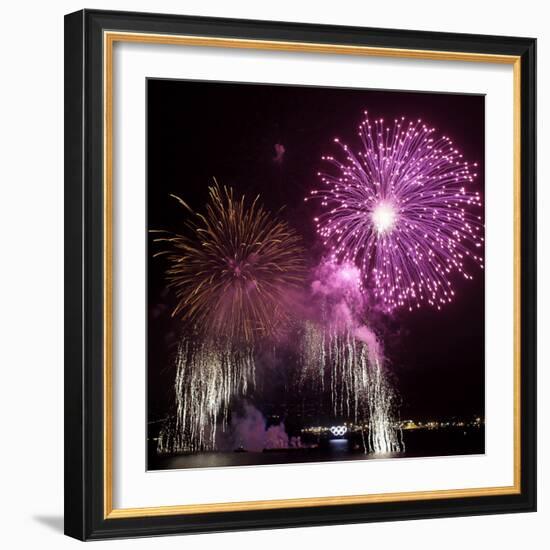 Fireworks Explode over the Olympic Rings During the Opening Ceremony of the Vancouver 2010 Olympics-null-Framed Photographic Print