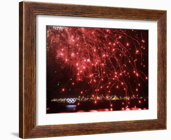 Fireworks Explode over the Olympic Rings During the Opening Ceremony of the Vancouver 2010 Olympics-null-Framed Photographic Print