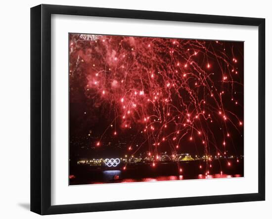 Fireworks Explode over the Olympic Rings During the Opening Ceremony of the Vancouver 2010 Olympics-null-Framed Photographic Print