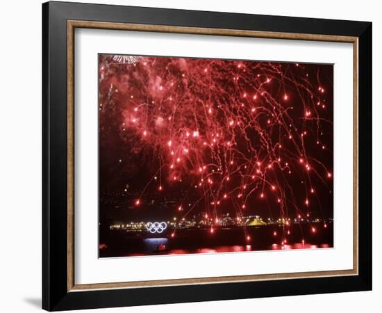 Fireworks Explode over the Olympic Rings During the Opening Ceremony of the Vancouver 2010 Olympics-null-Framed Photographic Print