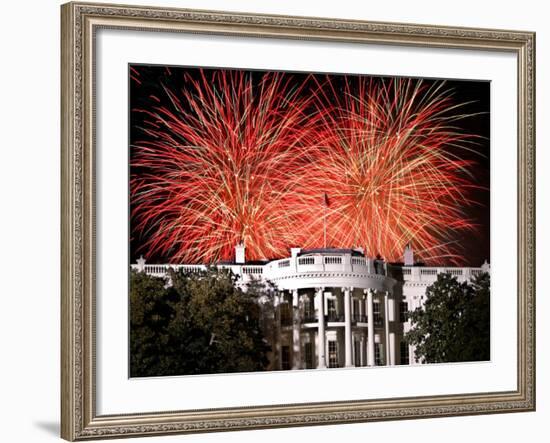 Fireworks Explode Over the White House--Framed Photographic Print