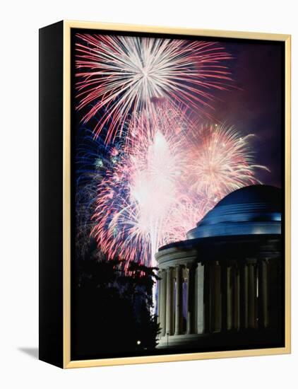 Fireworks Exploding Over Jefferson Memorial, Washington Dc, USA-Johnson Dennis-Framed Premier Image Canvas