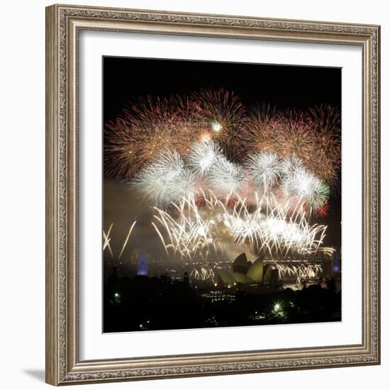 Fireworks Flash over Sydney Harbor During New Year Celebrations-null-Framed Photographic Print