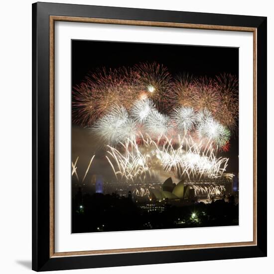 Fireworks Flash over Sydney Harbor During New Year Celebrations-null-Framed Photographic Print