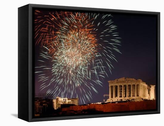 Fireworks Illuminate the Ancient Parthenon on Top of Acropolis Hill-null-Framed Premier Image Canvas