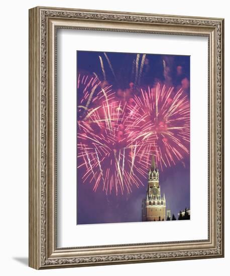 Fireworks Light Up Above the Kremlin's Spasskaya (Saviour) Tower Near Moscow's Red Square-null-Framed Premium Photographic Print