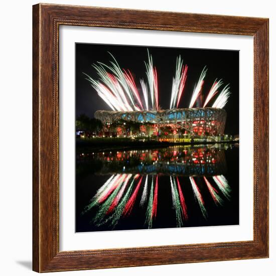 Fireworks over Bird's Nest, 2008 Summer Olympics, Beijing, China-null-Framed Photographic Print