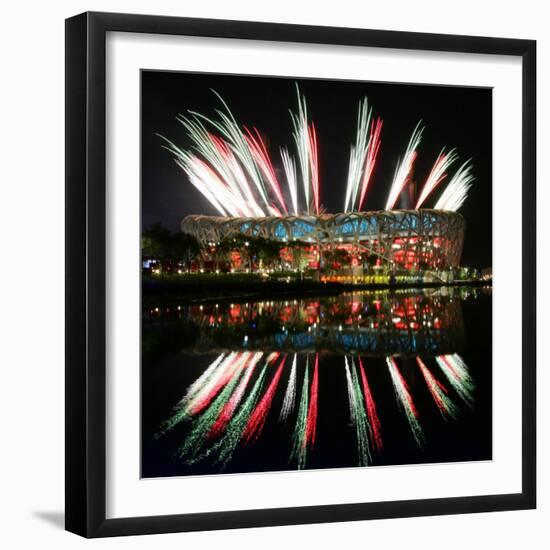 Fireworks over Bird's Nest, 2008 Summer Olympics, Beijing, China-null-Framed Photographic Print