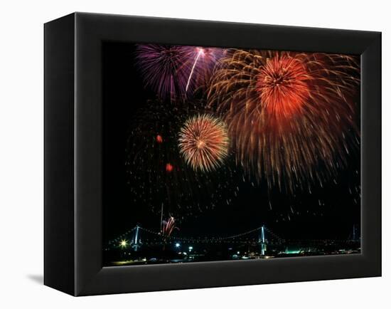 Fireworks Over Rainbow Bridge, Tokyo Bay, Japan-null-Framed Premier Image Canvas