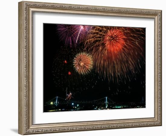 Fireworks Over Rainbow Bridge, Tokyo Bay, Japan-null-Framed Photographic Print
