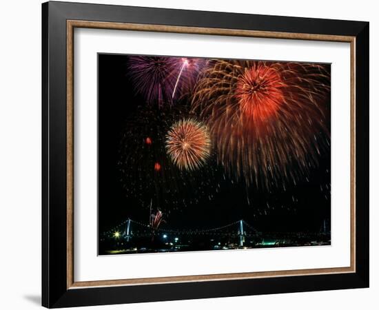 Fireworks Over Rainbow Bridge, Tokyo Bay, Japan-null-Framed Photographic Print