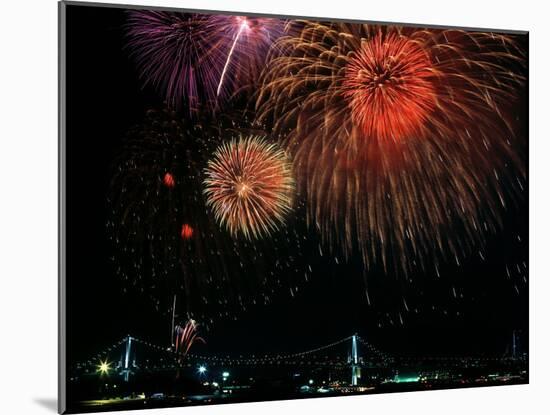 Fireworks Over Rainbow Bridge, Tokyo Bay, Japan-null-Mounted Photographic Print