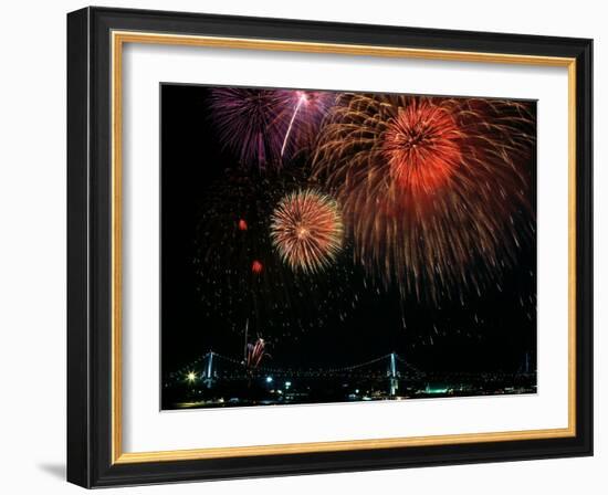 Fireworks Over Rainbow Bridge, Tokyo Bay, Japan-null-Framed Photographic Print