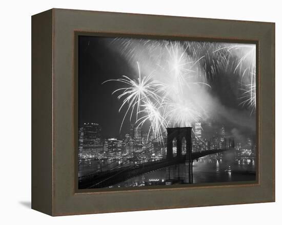 Fireworks over the Brooklyn Bridge-Bettmann-Framed Premier Image Canvas