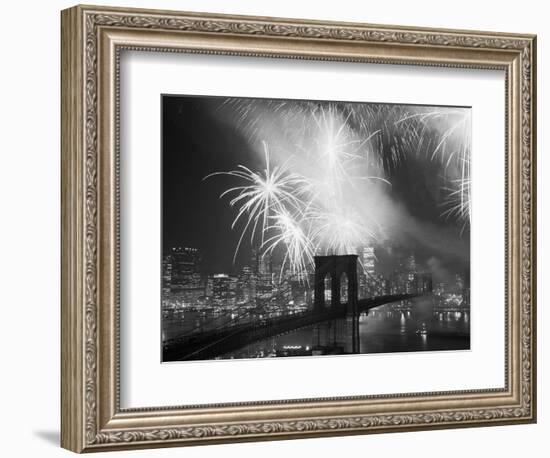 Fireworks over the Brooklyn Bridge-Bettmann-Framed Photographic Print