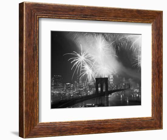 Fireworks over the Brooklyn Bridge-Bettmann-Framed Photographic Print