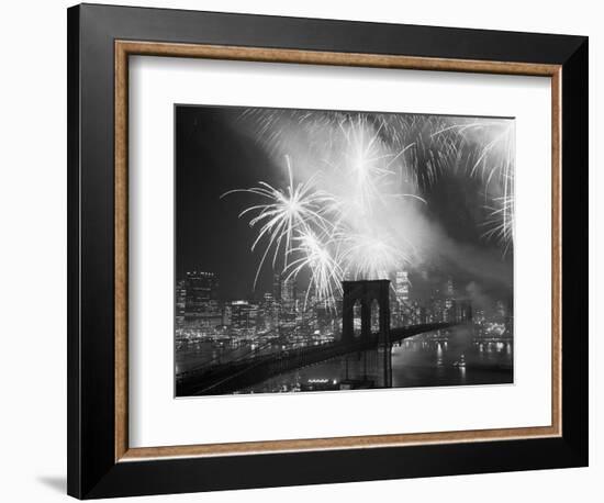 Fireworks over the Brooklyn Bridge-Bettmann-Framed Photographic Print