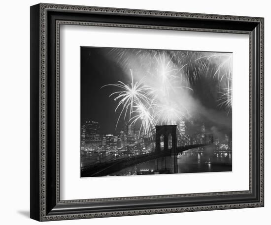 Fireworks over the Brooklyn Bridge-Bettmann-Framed Photographic Print