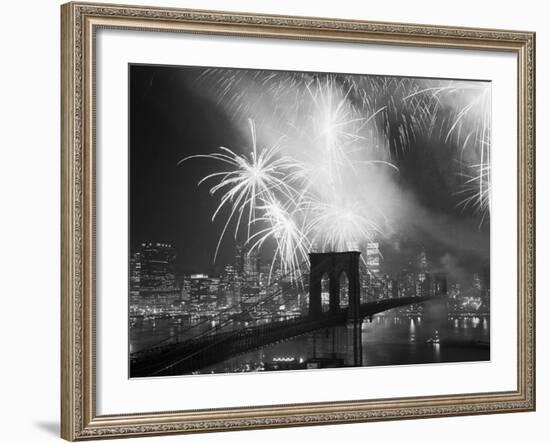 Fireworks over the Brooklyn Bridge-Bettmann-Framed Photographic Print