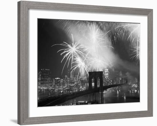 Fireworks over the Brooklyn Bridge-Bettmann-Framed Photographic Print