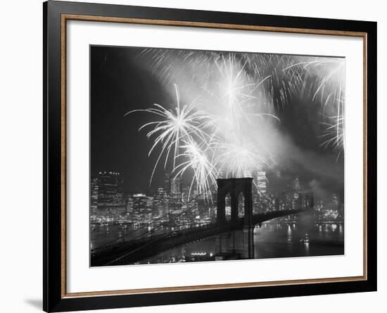 Fireworks over the Brooklyn Bridge-Bettmann-Framed Photographic Print