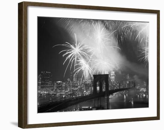 Fireworks over the Brooklyn Bridge-Bettmann-Framed Photographic Print