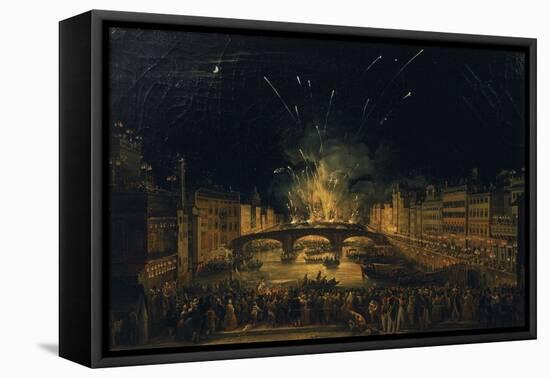 Fireworks over the Ponte alla Carraia, Florence in celebration of the feast of St. John the Baptist-Giovanni Signorini-Framed Premier Image Canvas