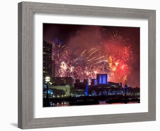 Fireworks over the South Bank, London, England, United Kingdom-Charles Bowman-Framed Photographic Print