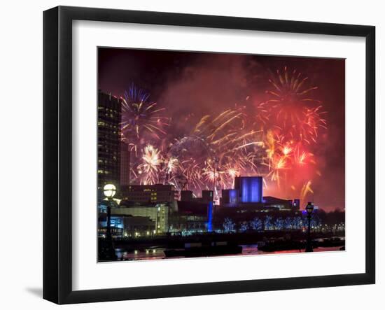 Fireworks over the South Bank, London, England, United Kingdom-Charles Bowman-Framed Photographic Print